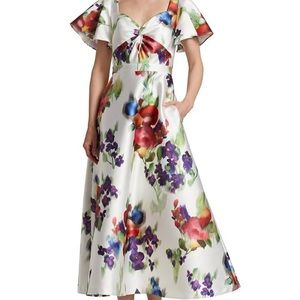 Wo printed Mikado tea-length dress.  Blur bouquet.
